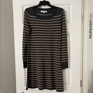 LOFT Black and Tan Striped Long Sleeve Dress